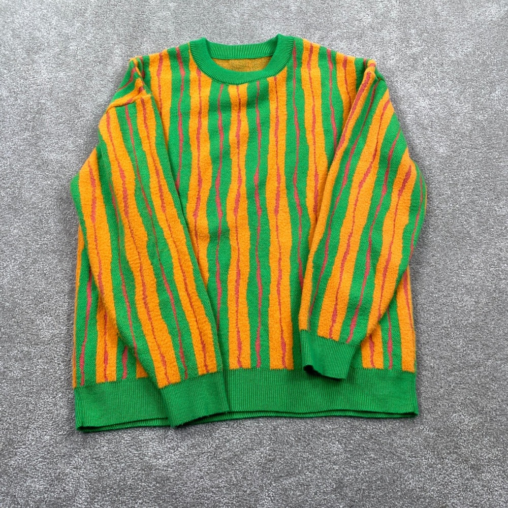 Unbranded Knit Sweater Unisex XL Green Orange Wavy Stripe Crewneck Retro Relaxed